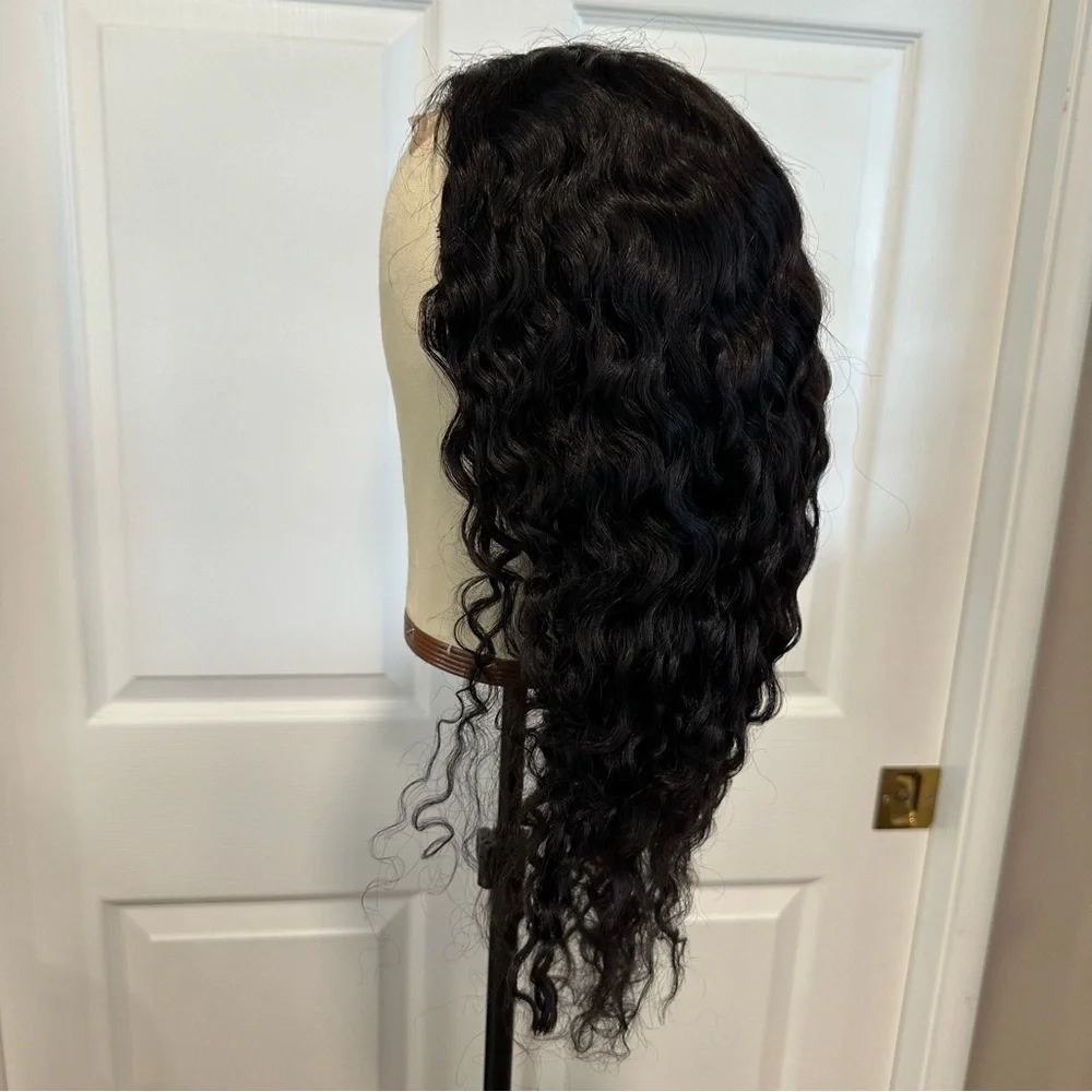 20” Natural Black Water Wave Human Hair 4x4 Lace Closure Wig 150% #QB3
